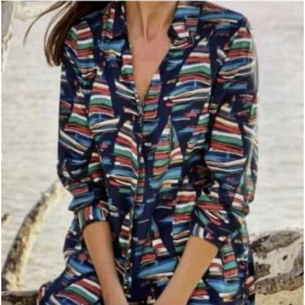 SOFT SURROUNDINGS Sail Away Nautical Boat Print Button Tunic Blouse Med Coastal